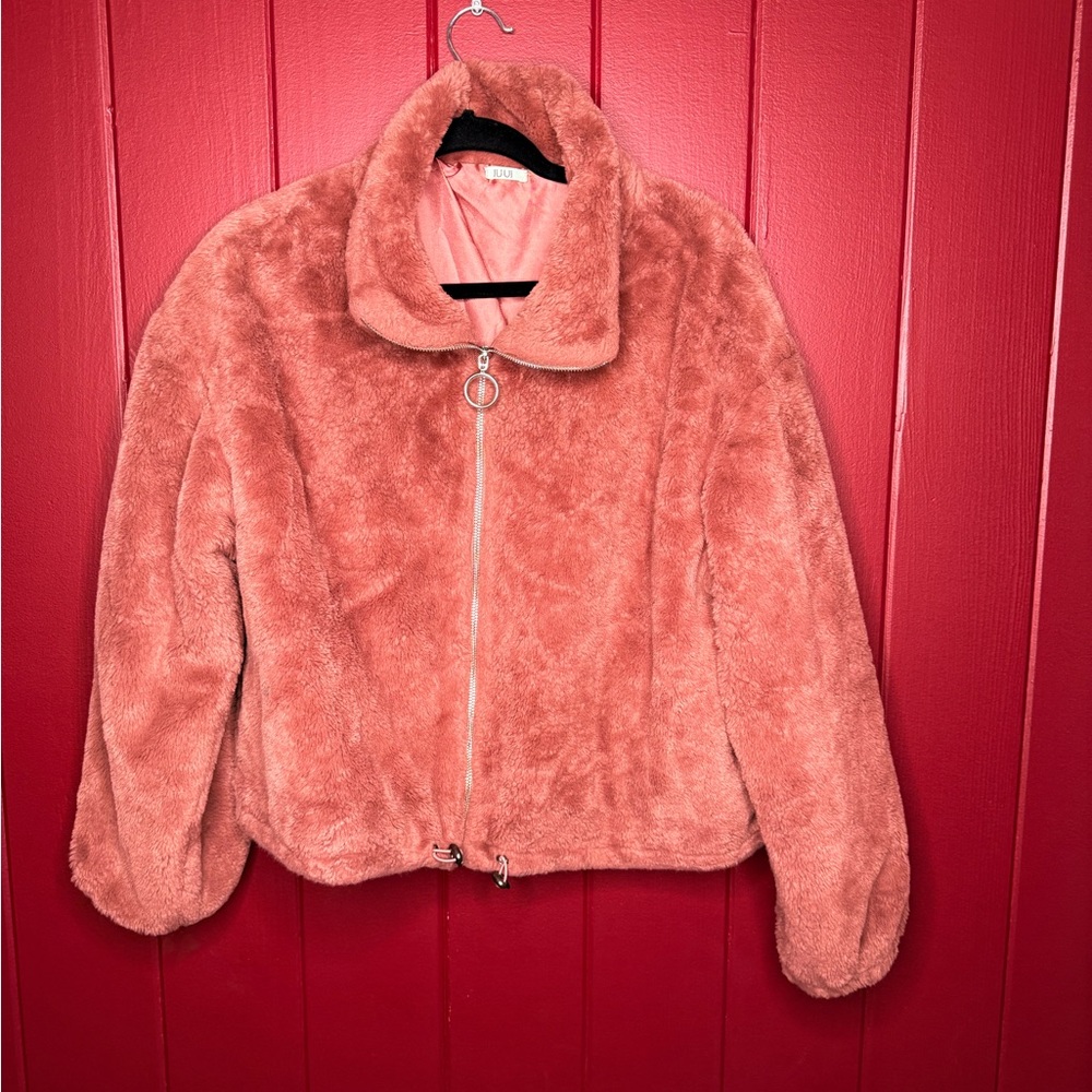 Pink Teddy Faux Fur Jacket Zip-Up Plush Coat L/XL - Picture 2 of 5